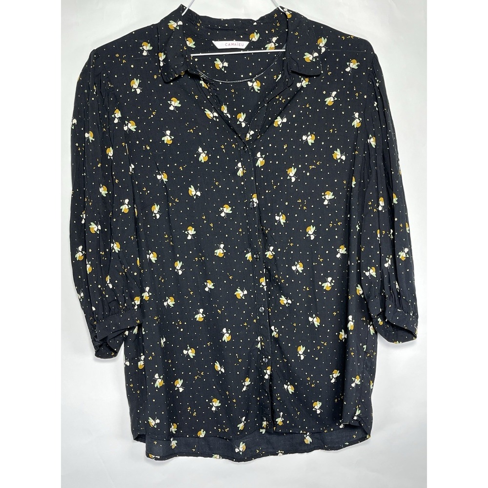 CAMAIEU Womens Short Sleeve Shirt Blouse Sz M Multicoloured Floral‎ Black Gold